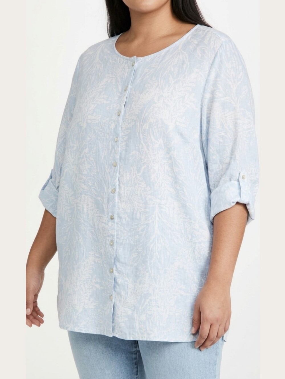 TAHARI Light Blue Fern Tropical Print Linen Roll Tab Button Up Top Coastal Sz 2X